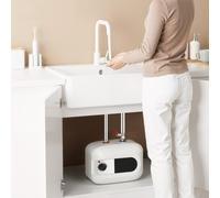 Chauffe-eau 6 l sous étable, petit réservoir de 1500 W avec fonction thermostop, réglable de 30 à 65 °C, pour cuisine et salle de bain (32,5 x 23 x 23 cm, blanc)