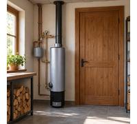 Chauffe-eau combiné 80L, fonctionnant au combustible solide et à l'électricité, avec valve de sécurité – Gris. Chauffe-eau à bois et à électricité, pour la maison et les chalets