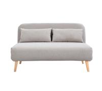 Chauffeuse 2 places convertible en tissu effet velours texturé beige et bois clair AMIKO