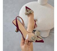 Chaussures de soirée à bout pointu et talon aiguille avec décoration de nœud papillon et strass, convient pour l'automne/hiver, les fêtes, les mariages, les rendez-vous. Couleur : rouge vin pour la Sa