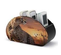 Cheetah Looking Out Over Savanna avec support de télécommande coucher de soleil Boîte de rangement pour télécommande TV Media avec 5 compartiments en cuir PU Organiseur de bureau pour table de chevet
