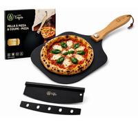 Chef Exquis Kit Pelle à Pizza Pliable Noire et Coupe-Pizza Inox | Aluminium, manche en bois, spatule antiadhérente, acier inoxydable, tartes flambées, 30 cm