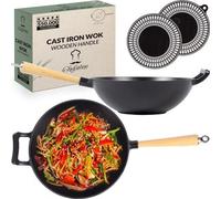 Chefarone, poêle à wok en fonte, 30 cm - Ensemble de poêles à wok, compatible induction - Revêtement antiadhésif en émail - Convient au four : Poignée en bois amovible - Poêle en fonte - Fond plat - A
