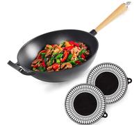 Chefarone, poêle à wok en fonte, 30 cm - Ensemble de poêles à wok, compatible induction - Revêtement antiadhésif en émail - Convient au four : Poignée en bois amovible - Poêle en fonte - Fond plat - A