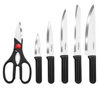 Cheffinger, lot de 7 couteaux avec bloc et ciseaux, manches ergonomiques, noir / argent