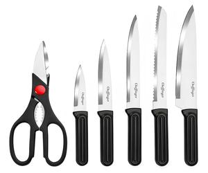 Cheffinger, lot de 7 couteaux avec bloc et ciseaux, manches ergonomiques, noir / argent