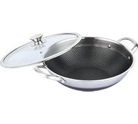 Cheffinger poêle wok avec structure en nid d'abeille, revêtement antiadhésif, acier inoxydable, couvercle en verre, convient à l'induction, passe au lave-vaisselle, argent, 32 cm de diamètre, 3 l