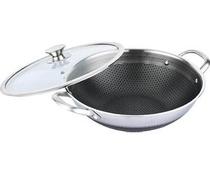Cheffinger poêle wok avec structure en nid d'abeille, revêtement antiadhésif, acier inoxydable, couvercle en verre, convient à l'induction, passe au lave-vaisselle, argent, 32 cm de diamètre, 3 l