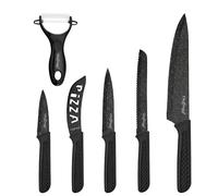Cheffinger Set de 6 Couteaux avec Éplucheur et Couteau à Pizza Antiadhésif Noir