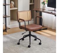 chellago Chaise de bureau à roulettes et dossier en rotin - Chaise pivotante réglable en hauteur avec siège en cuir PU et accoudoirs - Fauteuil vintage pour bureau à domicile, bureau, salon - Marron