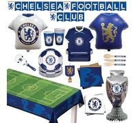 Chelsea FC - Boîte de 77 fournitures de fête officielles tout-en-un pour 6 invités | Ensemble de vaisselle jetable avec couverts, ballon en jersey, décorations et cadeaux de fête | Parfait pour les