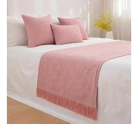 Chemin de lit en coton et lin texturé de couleur unie avec pompons - Écharpe décorative et confortable pour hôtel, chambre à coucher, couvre-lit, protection pour lit jumeau, grand lit, king size - 50