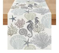 Chemin de Table Beige Moderne Été Centre de Table Decorative Élégamment Étoile de Mer Hippocampe Océan Exterieur Impermeable Lavable Lin Décoration pour Fête Manger Vacances 40 x 140 cm