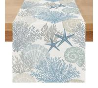 Chemin de Table Blanc Moderne Été Centre de Table Decorative Élégamment Étoile de Mer Hippocampe Océan Exterieur Impermeable Lavable Lin Décoration pour Fête Manger Vacances 40 x 240 cm