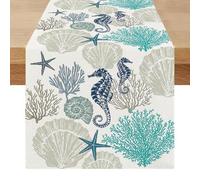 Chemin de Table Bleu Paon Moderne Été Centre de Table Decorative Élégamment Étoile de Mer Hippocampe Océan Exterieur Impermeable Lavable Lin Décoration pour Fête Manger Vacances 40 x 240 cm