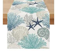Chemin de Table Bleu Paon Moderne Été Centre de Table Decorative Élégamment Étoile de Mer Hippocampe Océan Exterieur Impermeable Lavable Lin Décoration pour Fête Manger Vacances 40 x 240 cm