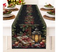 Chemin de table de Noël avec lanterne de vacances d'hiver 33 x 182,9 cm | Chemin de table console, vert persistant, lanterne, livre, ruban