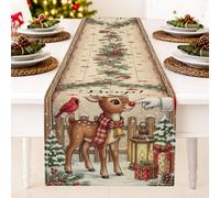 Chemin de table de Noël avec renne - 33 x 91,4 cm | Illustration de renne, chemin de commode, oiseau cardinal, lanterne et cadeaux, tissu imitation lin, salle à manger d'hiver