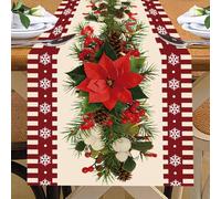 Chemin de table de Noël poinsettia - Aiguilles de pin vert - Motif à rayures et flocons de neige - Décoration saisonnière d'hiver pour cuisine, salle à manger - Décoration de fête pour la maison et la