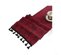 Chemin de table en dentelle florale avec pompons - 30 x 180 cm - Tissu en maille transparente pour décoration de salle à manger de mariage - Blanc, vert, noir, rouge (rouge, 30 x 150 cm)