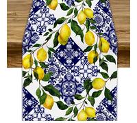 Chemin de Table en lin citron bleu carrelage pour commode écharpe décor réutilisable été citron feuilles florales chemins de Table décor de fête de vacances 01