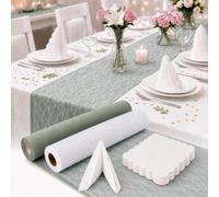 Chemin de table en non-tissé vert sauge avec dentelle et serviettes pour | Chemin de table vert 30 cm x 25 m - Ruban en dentelle blanche et 50 serviettes - Kit de décoration de table pour communion