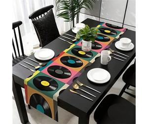 Chemin de table en polyester avec design de disque vinyle vintage, durable, rectangulaire, nappe décorative, convient pour la décoration saisonnière de cuisine, la rénovation intérieure et la décorati