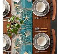 Chemin de table en polyester, impression plate 2D motif texture étoile de mer bleue, coquillage et corail & imprimé rustique grain de bois bleu canard, filet de pêche, plage, coquillage et étoile de m
