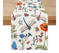 Chemin de Table Moderne Printemps Été Lin Centre de Table Tissu Libellule 40 x 200 Vintage Lavable Cuisine Champetre Nappe Décoration pour Anniversaire Vacances Fête Salle à Manger