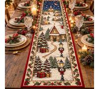 Chemin de Table Noel, Village de Noël 2D Print avec Liseré Baies，35×122cm | Déco Noel Nappe et Chemin de Table, Village Tissu, Décorations Noel Interieur avec Baies pour Centre de Table et Fêtes