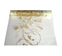 Chemin de Table en Organza - 9 m x 36 cm - Motif Floral crème et doré - Semi-Transparent - pour Mariage ou Noël