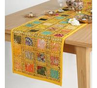 Chemin de Table Patchwork - Rajasthani décoratif brodé à la Main coloré Coton Jaune café Style Table à Manger napperon décor 30x182 cm
