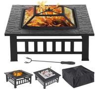 cheminée de jardin 3 en 1 81 x 81 x 36,5 cm, bac à feu carré, corbeille à feu avec couvercle et grille pare-étincelles, foyer pour terrasse, cheminée de table, plein air, camping, feu de camp, chauffa