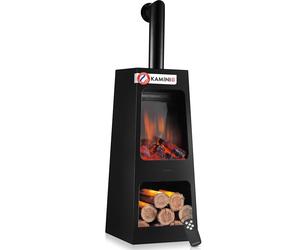 Cheminée de jardin électrique KAMINIO KAI L avec tuyau de poêle - Chauffage de terrasse électrique avec chauffage, effet de flammes en 3D, compartiment à bois, éclairage d'ambiance LED, télécommande