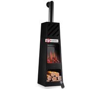 Cheminée de jardin électrique KAMINIO KAI XL avec tuyau de poêle - Poêle de terrasse électrique avec chauffage, effet de flammes en 3D, compartiment à bois, éclairage d'ambiance LED, télécommande