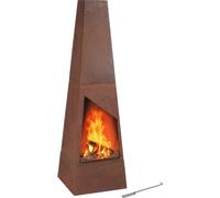 Cheminée de jardin Relaxdays en acier Corten, cendrier, grille et tisonnier, poêle de terrasse à patine, dimensions : 149 x 45 x 45 cm, marron