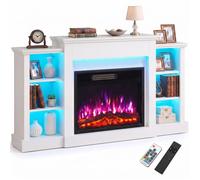 Cheminée électrique - HOMCOM - meuble TV 65 pouces 6 étagères effet flamme 3D 12 couleurs ruban LED RGB - 138x25x77cm - blanc