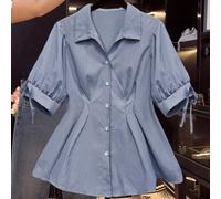 Chemise à col unique imprimée de rayures bleues et blanches pour grande taille, idéale pour le trajet domicile-travail 0XL,1XL,2XL,3XL,4XL,5XLUnicoloreTissu tissé