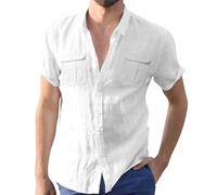 Chemise cargo pour homme à double poche - Vêtement de travail à manches courtes - Chemisier boutonné en coton de coupe régulière - Couleur unie - Léger - Chemise confortable - Haut d'été formel