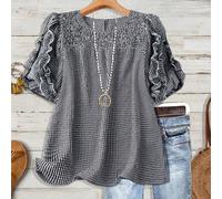 Chemise contrastée noire et blanche à col rond, manches courtes, ourlet à volants, pour femmes grandes tailles, décontractée, confortable, pour le travail et la maison 0XL,1XL,2XL,3XL,4XLGéométrique,C