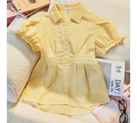 Chemise décontractée à manches courtes avec boutons devant rayés, manches lanternes, taille plissée avec nœud papillon, coupe slim. Convient pour les filles, le bureau, les vacances et les loisirs, l'