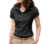 Chemise d'été à manches courtes pour femme, style coréen, col à revers, couleur unie, chemisier de travail pour le bureau, usage quotidien, blanc, noir, M à 3XL (M noir)