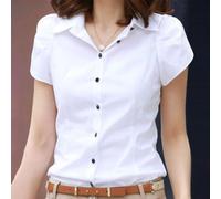 Chemise d'été à manches courtes pour femme, style coréen, col à revers fin, couleur unie, chemisier de travail pour le bureau, usage quotidien, blanc, noir, M à 3XL (XXXL blanc)