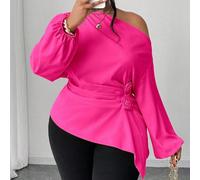 Chemise élégante et décontractée pour le travail, grande taille, en couleur unie, avec épaules drapées et taille froncée en rose 0XL,1XL,2XL,3XL,4XLUnicoloreTissu tissé