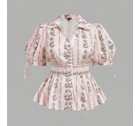 Chemise grande taille d'été col en V ouverture devant manches courtes, style pastoral rayures verticales petites fleurs, floral romantique de cour, décontracté romantique vacances 0XL,1XL,2XL,3XL,4XL,