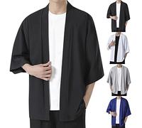 Chemise Japonaise Homme 2026, Veste Kimono Homme Japonais Style Manches 3/4 Ouvert Cardigan Grande Taille Confortable Printemps Été Traditionnelle Japonaise Gilet Chemise de Plage Courte, Noir