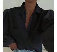 Chemise noire texturée pour femmes, ample, manches bouffantes lanterne, double poche, col retourné, semi-transparente, protection solaire, blouse polyvalente pour le travail L,M,S,XL,XS,XXLUnicolorePo