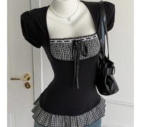Chemise rétro à carreaux grande taille 2 en 1 avec taille resserrée 0XL,1XL,2XL,3XL,4XLGéométrique,CarreauTissu tricoté