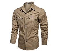 Chemise tactique à manches longues pour homme, style cargo, style militaire, chemise en coton durable et robuste, vêtements de travail avec plusieurs poches, haut extensible boutonné, kaki, 3XL