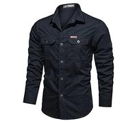Chemise tactique à manches longues pour homme, style cargo, style militaire, chemise en coton durable et robuste, vêtements de travail avec plusieurs poches, haut extensible boutonné, bleu, 3XL